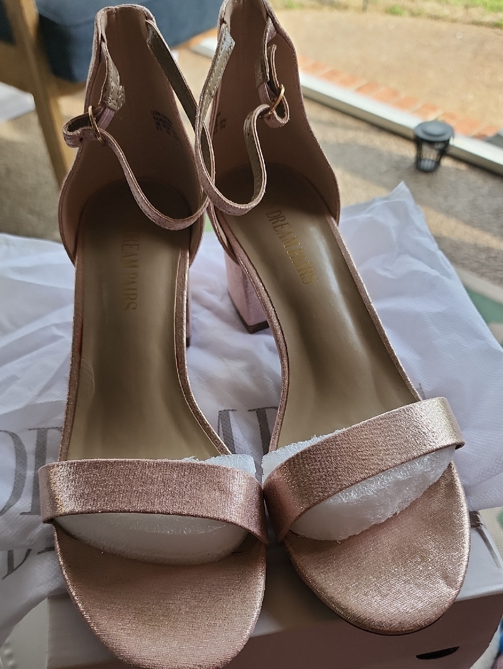 Dream Pairs Metallic Rose Gold Block Heel Sandals with Ankle Strap